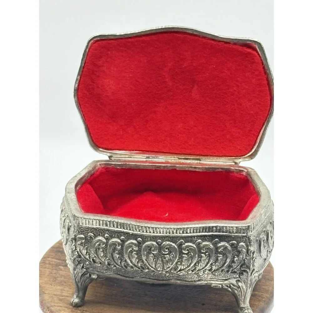 Vintage Filagree Footed Jewelry Box Casket Ornate Angel Red Velvet Lining Japan